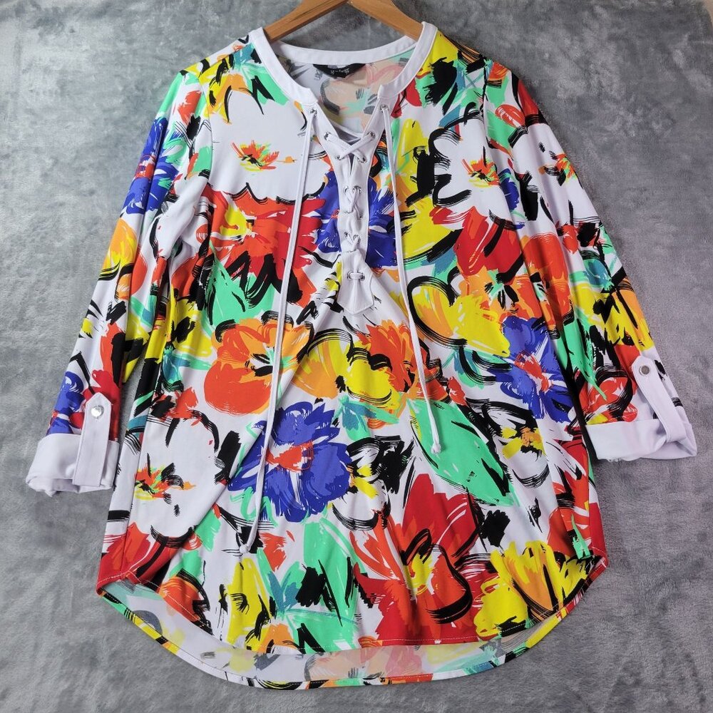 Slim Factor by Investments Womens Top S Multicolor Lace Up Tunic Floral Artsy‎